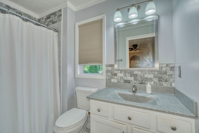 160 Cranbrook Ter, Webster, NY 14580 - bathroom featuring crown molding, vanity, tasteful backsplash, and curtained shower