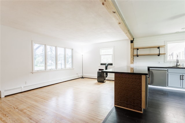 773 Marshall Rd, Chili, NY 14624 - kitchen with stainless steel dishwasher, a baseboard heating unit, dark wood-type flooring, dark countertops, and beamed ceiling