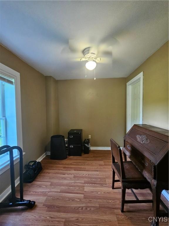 147 N St, Constantia, NY 13042 - dining space featuring a ceiling fan and wood finished floors