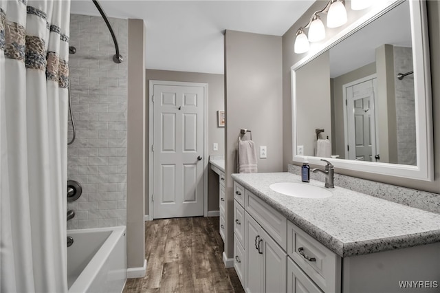 21 Towne Square Dr, Lancaster, NY 14086 - full bathroom featuring vanity, wood finished floors, and shower / tub combo with curtain