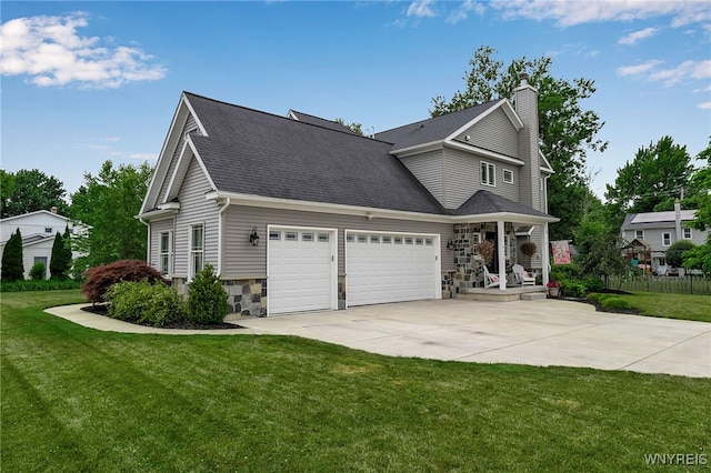 6132 Railroad St, Clarence, NY 14032 - view of front of house featuring a garage, driveway, a front yard, and a chimney