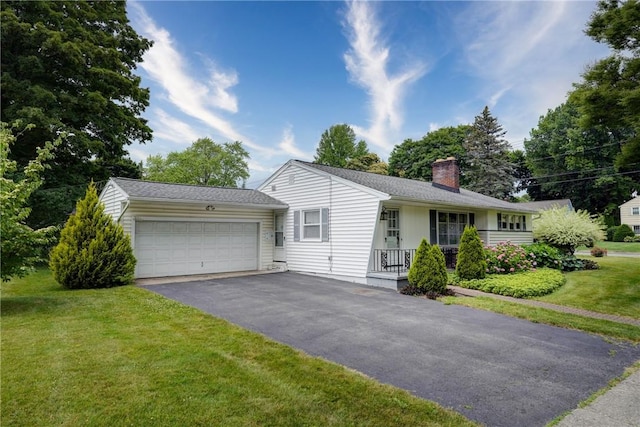 3201 Elmwood Ave, Brighton, NY 14618 - ranch-style home featuring a chimney, an attached garage, a front yard, and asphalt driveway