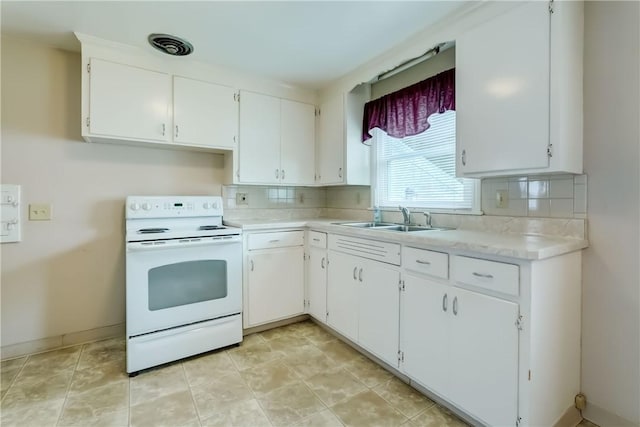 3201 Elmwood Ave, Brighton, NY 14618 - kitchen featuring electric stove, light countertops, decorative backsplash, and white cabinetry