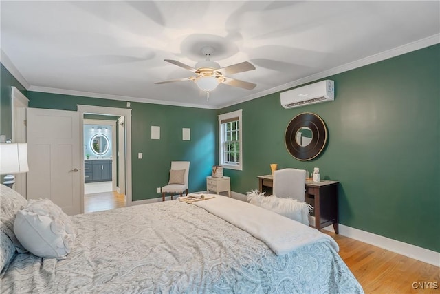 134 County Route 23a, Constantia, NY 13044 - bedroom featuring a wall mounted AC, crown molding, wood finished floors, and a ceiling fan
