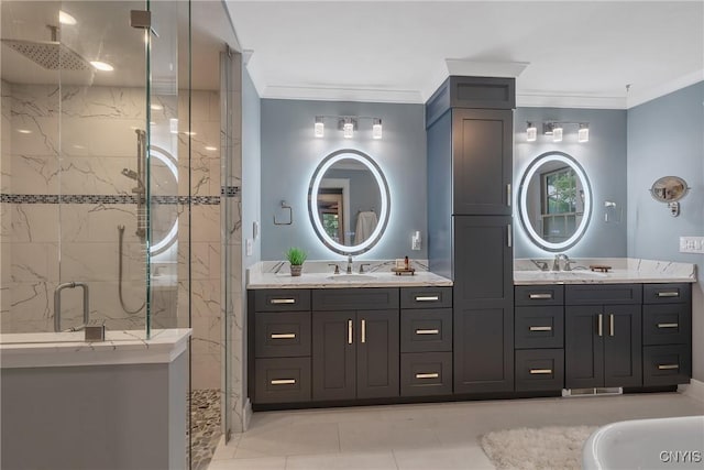 134 County Route 23a, Constantia, NY 13044 - bathroom featuring a marble finish shower, vanity, ornamental molding, and tile patterned floors