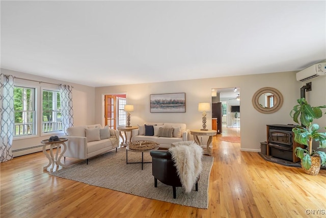 134 County Route 23a, Constantia, NY 13044 - living area featuring a wall mounted air conditioner, a wood stove, light wood-type flooring, and ceiling fan