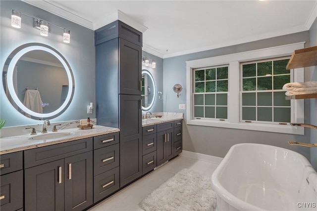 134 County Route 23a, Constantia, NY 13044 - bathroom featuring vanity, ornamental molding, a soaking tub, and tile patterned flooring