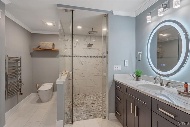134 County Route 23a, Constantia, NY 13044 - full bathroom with radiator heating unit, a marble finish shower, crown molding, vanity, and a towel warming rack