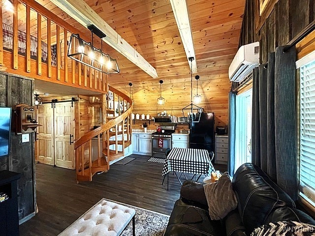 2473 Bunker Hill Rd, Cold Spring, NY 14772 - living area featuring an AC wall unit, wood walls, a barn door, stairs, and dark wood finished floors