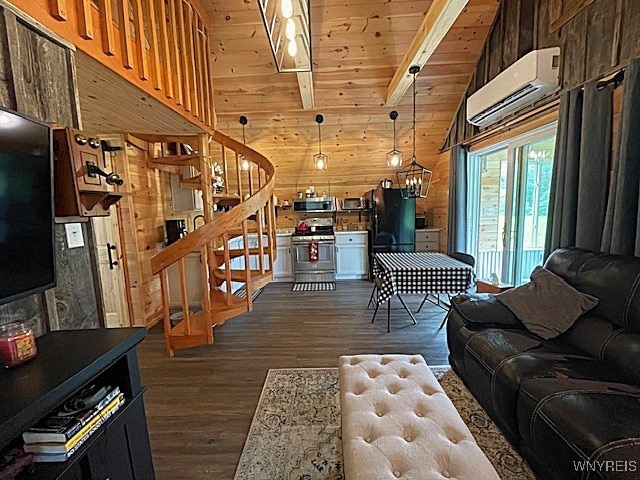 2473 Bunker Hill Rd, Cold Spring, NY 14772 - living area featuring a wall unit AC, stairway, wooden walls, dark wood finished floors, and wood ceiling