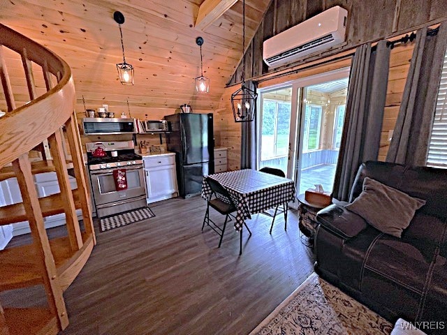 2473 Bunker Hill Rd, Cold Spring, NY 14772 - dining room featuring an AC wall unit, wood walls, dark wood finished floors, and wood ceiling