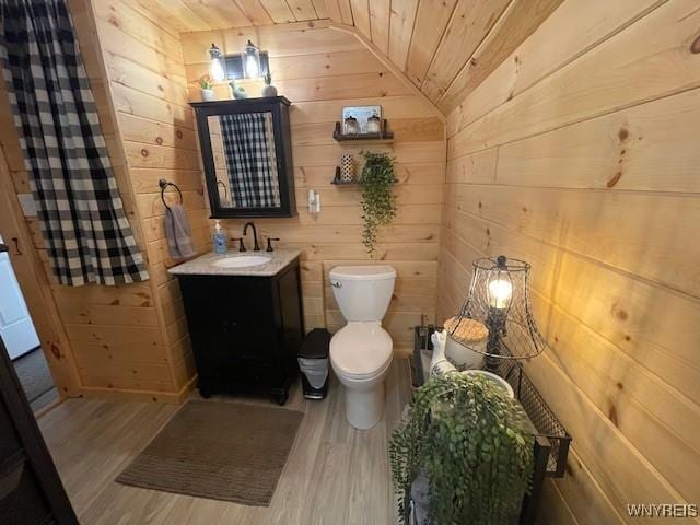 2473 Bunker Hill Rd, Cold Spring, NY 14772 - bathroom featuring wood ceiling, lofted ceiling, wood finished floors, wooden walls, and vanity