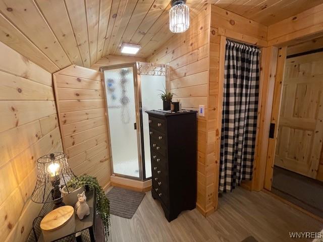 2473 Bunker Hill Rd, Cold Spring, NY 14772 - living area with vaulted ceiling, light wood-type flooring, wood walls, and wooden ceiling