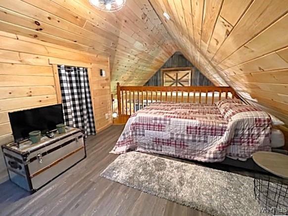 2473 Bunker Hill Rd, Cold Spring, NY 14772 - bedroom featuring wooden ceiling, wood walls, vaulted ceiling, and wood finished floors