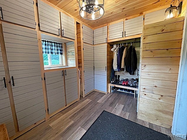 2473 Bunker Hill Rd, Cold Spring, NY 14772 - mudroom with wood finished floors, wooden walls, a chandelier, and wooden ceiling