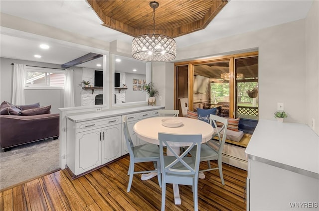 130 Hi View Ter, West Seneca, NY 14224 - dining space with a chandelier, hardwood / wood-style floors, recessed lighting, and wooden ceiling