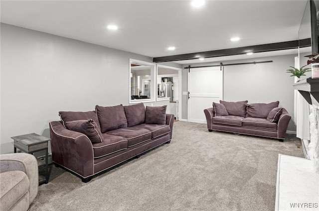 130 Hi View Ter, West Seneca, NY 14224 - carpeted living room featuring a barn door and recessed lighting