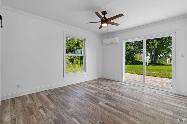 8953 Bushnell Shore Rd, Sullivan, NY 13037 - unfurnished room featuring an AC wall unit, wood finished floors, crown molding, and a ceiling fan