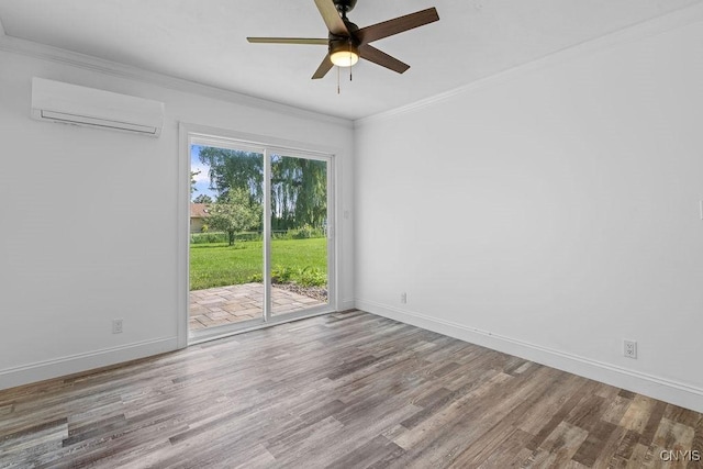 8953 Bushnell Shore Rd, Sullivan, NY 13037 - unfurnished room with a wall mounted AC, wood finished floors, a ceiling fan, and crown molding