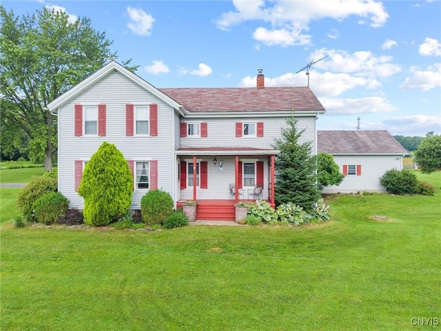 6767 Stauber Rd, Summerhill, NY 13073 - view of front of house with a porch, a chimney, and a front lawn