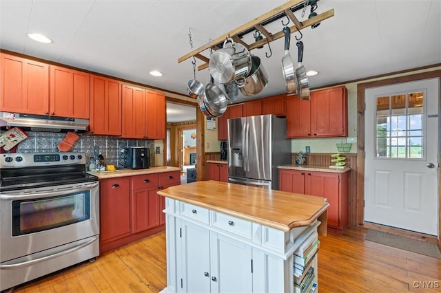 6767 Stauber Rd, Summerhill, NY 13073 - kitchen with appliances with stainless steel finishes, under cabinet range hood, recessed lighting, butcher block countertops, and light wood-style floors