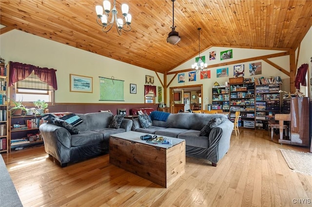 6767 Stauber Rd, Summerhill, NY 13073 - living area featuring a chandelier, lofted ceiling, wood-type flooring, and wooden ceiling