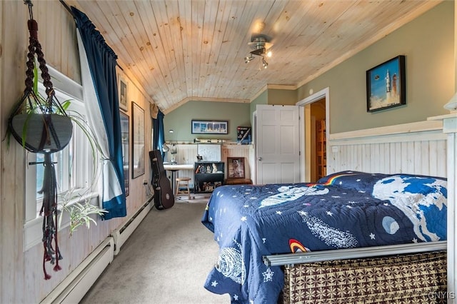 6767 Stauber Rd, Summerhill, NY 13073 - carpeted bedroom with crown molding, wood ceiling, vaulted ceiling, and a baseboard radiator