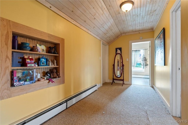 6767 Stauber Rd, Summerhill, NY 13073 - hallway with a baseboard heating unit, baseboard heating, carpet flooring, lofted ceiling, and wooden ceiling