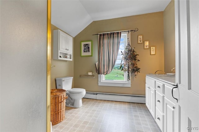6767 Stauber Rd, Summerhill, NY 13073 - bathroom featuring a baseboard heating unit, vanity, and lofted ceiling