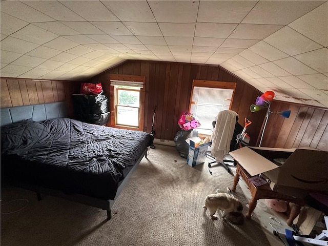 135 William St, Palmyra, NY 14522 - carpeted bedroom featuring vaulted ceiling and wood walls
