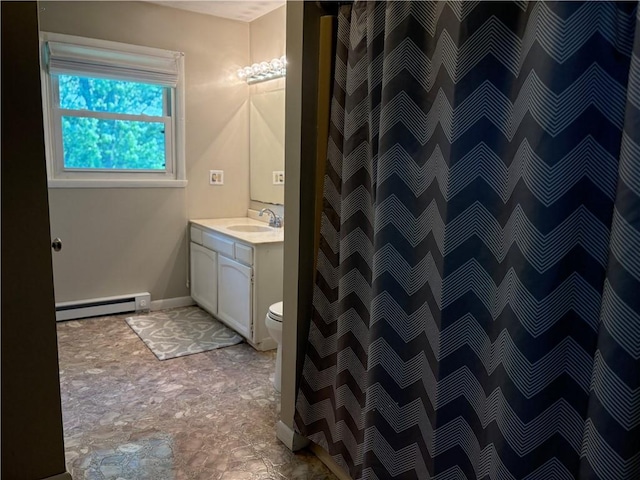 1292 Gassner Rd, Junius, NY 13165 - full bathroom featuring a baseboard heating unit, vanity, and a shower with shower curtain