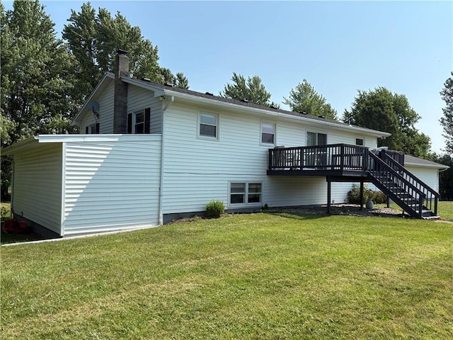 1292 Gassner Rd, Junius, NY 13165 - back of house with a wooden deck, a chimney, stairway, and a yard
