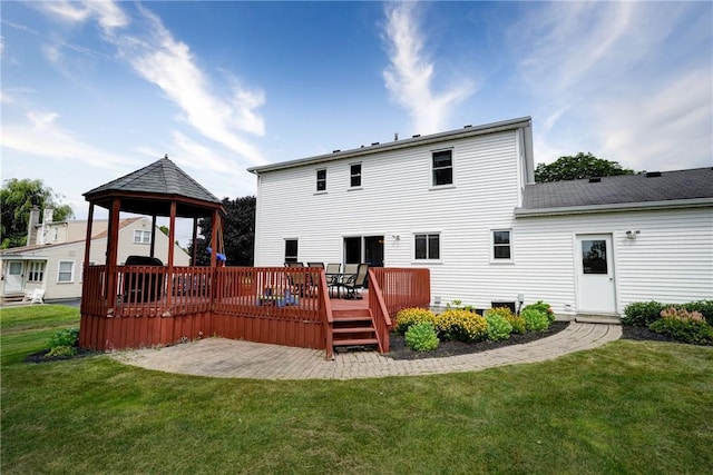 1125 Shoecraft Rd, Webster, NY 14580 - rear view of property with a gazebo, a deck, and a lawn