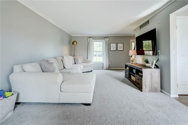 1125 Shoecraft Rd, Webster, NY 14580 - living room featuring ornamental molding and light colored carpet