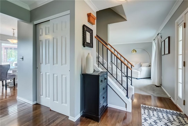 1125 Shoecraft Rd, Webster, NY 14580 - entryway featuring dark wood-style flooring, crown molding, and stairs