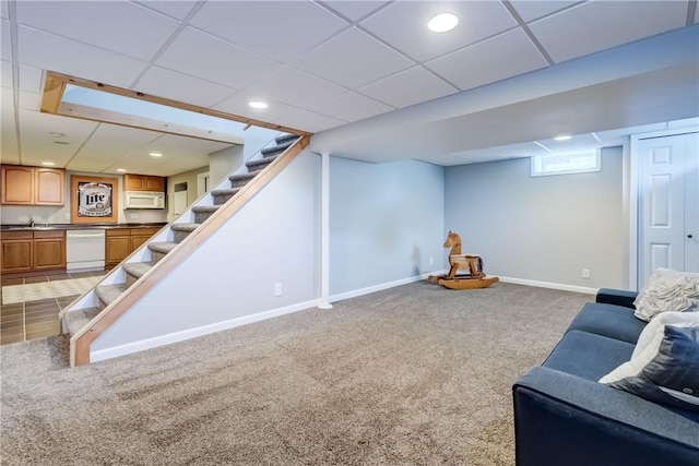 1125 Shoecraft Rd, Webster, NY 14580 - living area with carpet, stairway, and recessed lighting