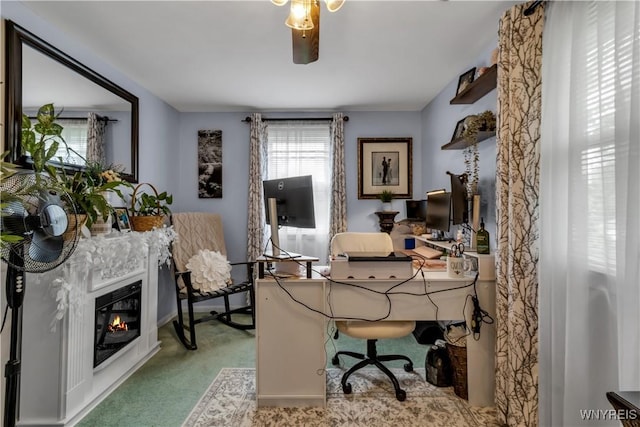 204 French Lea Rd, West Seneca, NY 14224 - office space featuring a glass covered fireplace, carpet floors, and ceiling fan