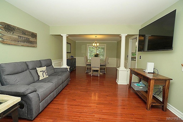 47 Timber Cove Ct, Amherst, NY 14051 - living area featuring ornate columns, wood finished floors, wainscoting, a chandelier, and a decorative wall