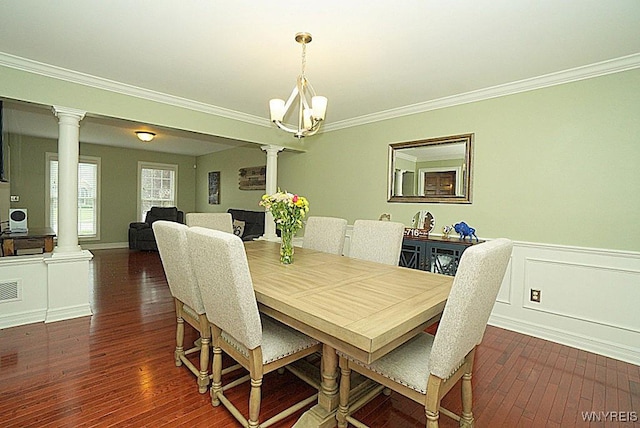 47 Timber Cove Ct, Amherst, NY 14051 - dining space featuring ornate columns, ornamental molding, dark wood-style flooring, and wainscoting
