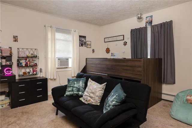 477 Pine Circle Ext, Big Flats, NY 14845 - bedroom featuring baseboard heating, light carpet, a textured ceiling, and cooling unit