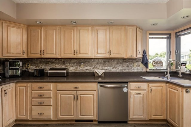 477 Pine Circle Ext, Big Flats, NY 14845 - kitchen featuring dishwasher, light brown cabinetry, dark countertops, backsplash, and recessed lighting