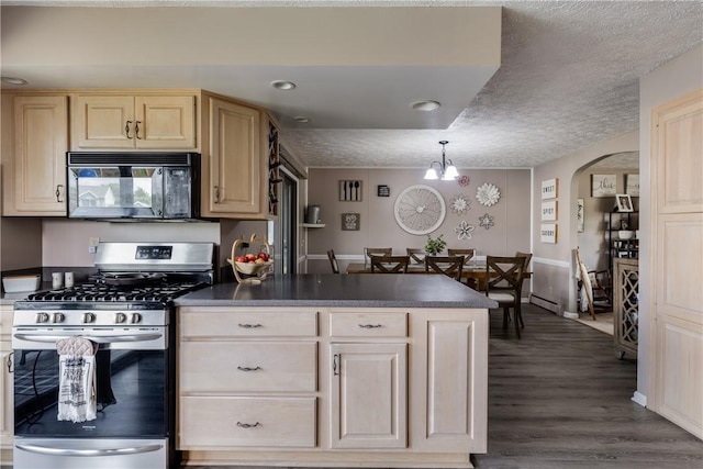 477 Pine Circle Ext, Big Flats, NY 14845 - kitchen featuring black microwave, stainless steel range with gas cooktop, light brown cabinets, arched walkways, and dark wood-style flooring