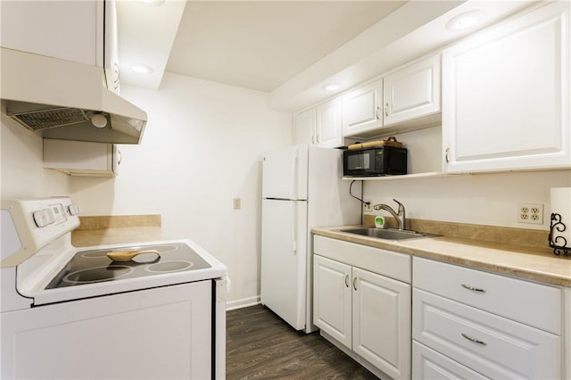 80 Autumn Chapel Way, Chili, NY 14624 - kitchen with white appliances, white cabinets, dark wood finished floors, light countertops, and range hood