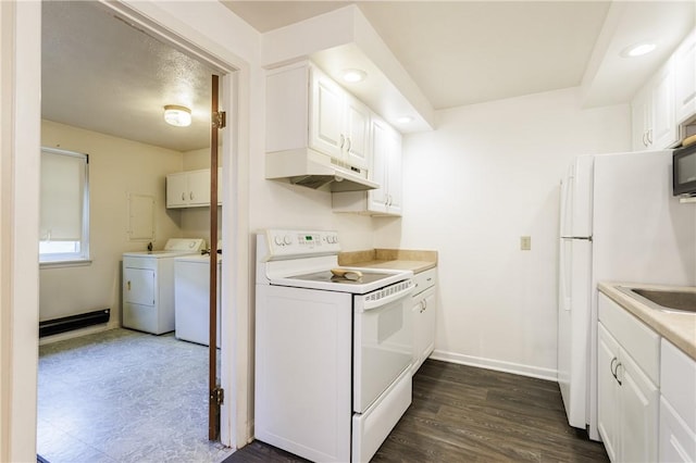 80 Autumn Chapel Way, Chili, NY 14624 - kitchen with white electric range, washing machine and clothes dryer, under cabinet range hood, white cabinets, and recessed lighting