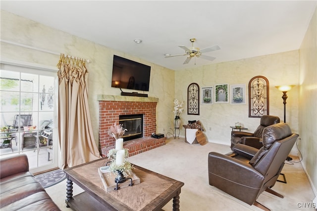 7619 Pico Ln, Lysander, NY 13027 - living room featuring a ceiling fan, carpet, and a brick fireplace