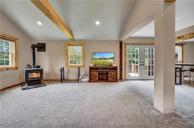 2890 Eagles Nest Rd, Yorkshire, NY 14042 - living room featuring carpet, a wood stove, french doors, and recessed lighting