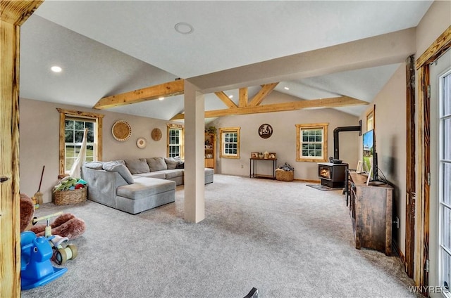 2890 Eagles Nest Rd, Yorkshire, NY 14042 - carpeted living room with a wood stove and recessed lighting