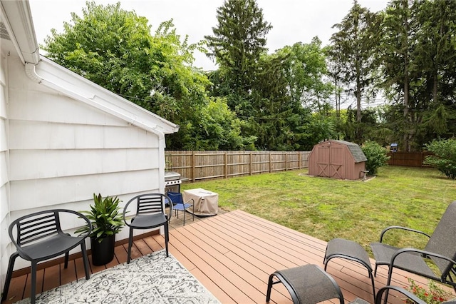 263 Volk Rd, Webster, NY 14580 - wooden terrace featuring a fenced backyard, a shed, and view of scattered trees