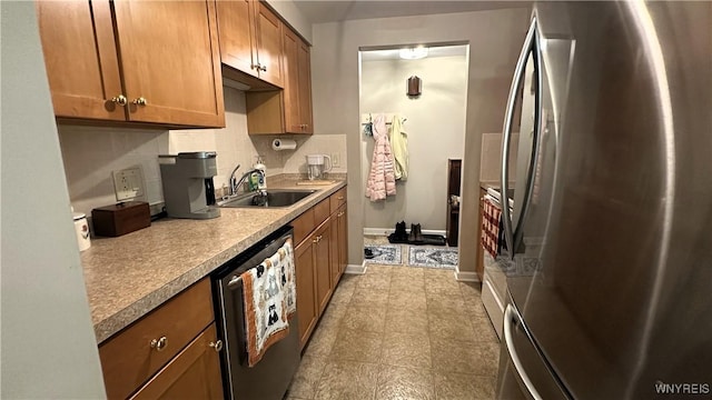 1330 Maple Rd Unit 4, Amherst, NY 14221 - kitchen with freestanding refrigerator, black dishwasher, brown cabinets, decorative backsplash, and light countertops