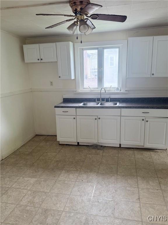 8 Spring St, Auburn, NY 13021 - kitchen featuring ceiling fan, white cabinets, and dark countertops